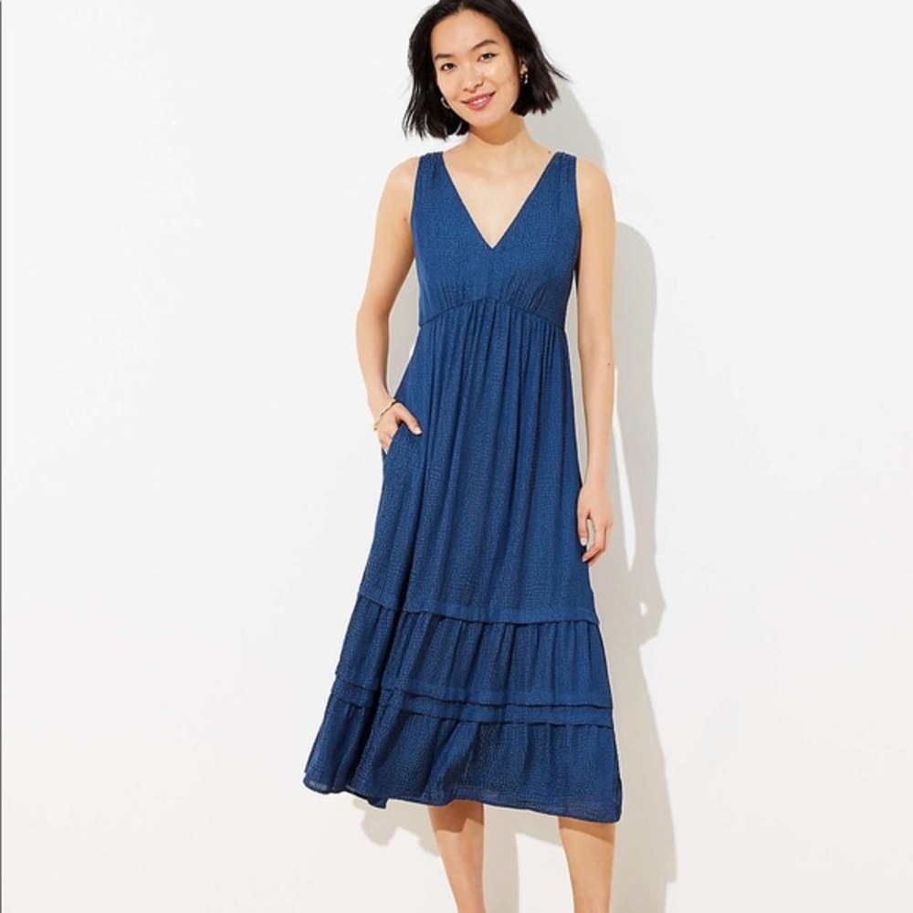 NWT, LOFT-SPOTTED TIERED POCKET MIDI DRESS, 6.